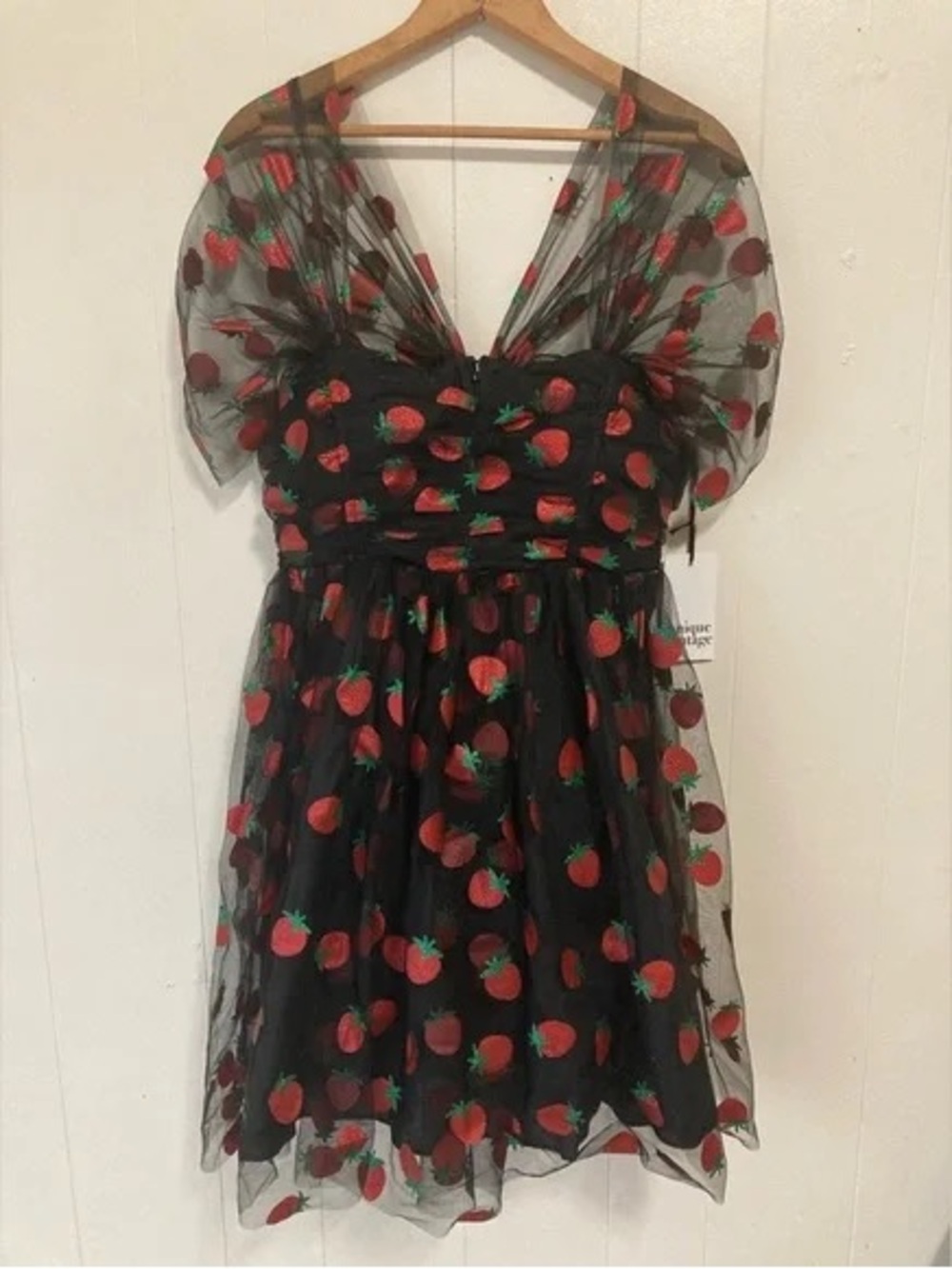 Unique Vintage NWT Girls Black Strawberry Print Tulle Party Dress